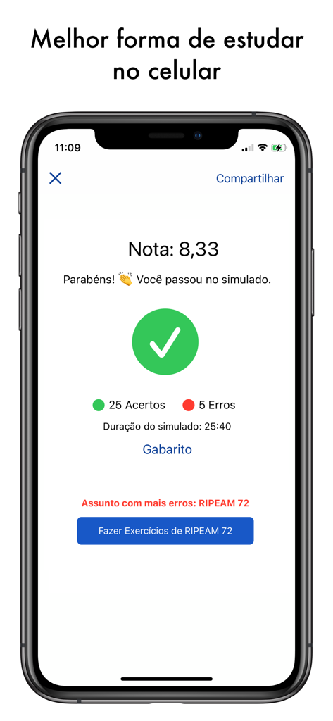 Simulados Motonauta e Arrais - Interface do aplicativo mostrando resultados de simulado para habilitação náutica brasileira com pontuação de aprovação.