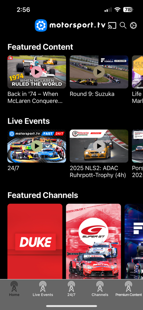 The home screen of the Motorsport.tv app displaying featured racing content, live events, and specialist racing channels.