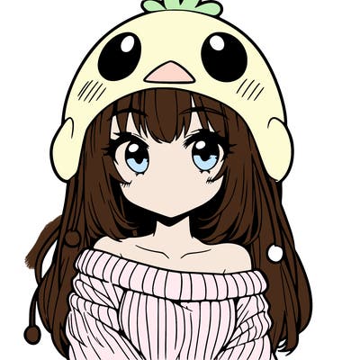 anime girl with chick shaped hat with sweater with bare shoulders with bangs covering them one eye with low tail