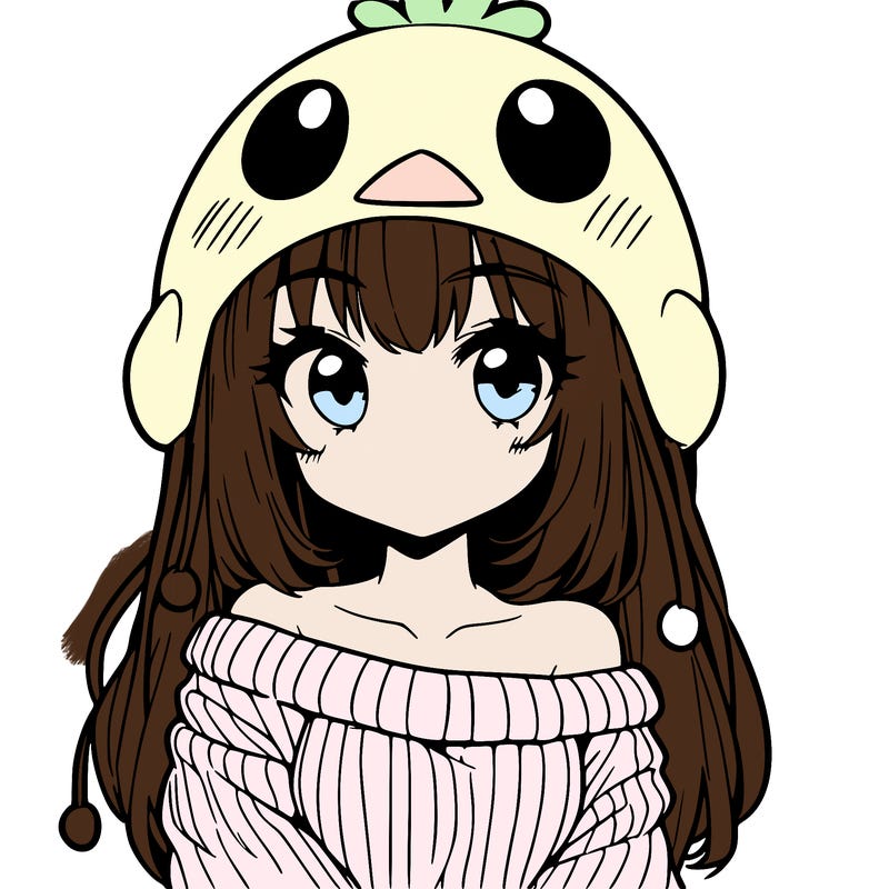 anime girl with chick shaped hat with sweater with bare shoulders with bangs covering them one eye with low tail