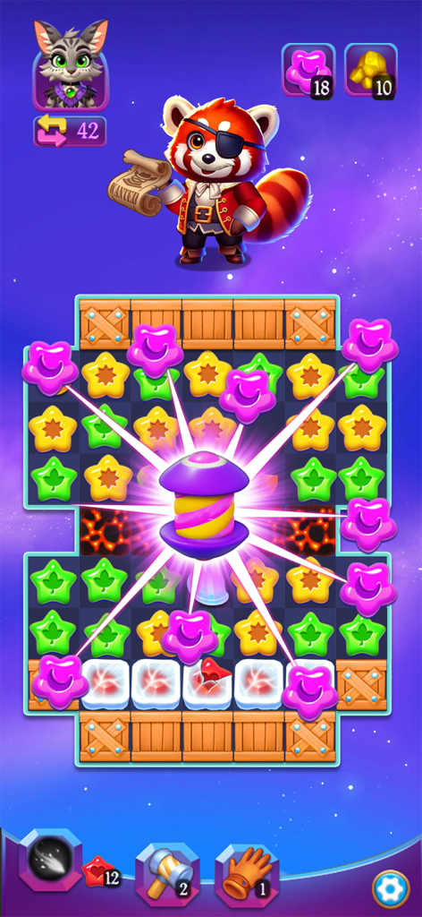 Candy 2026 - Match 3 Game - Match 3 gameplay showing a colorful puzzle board with a red panda pirate character and a special booster activation