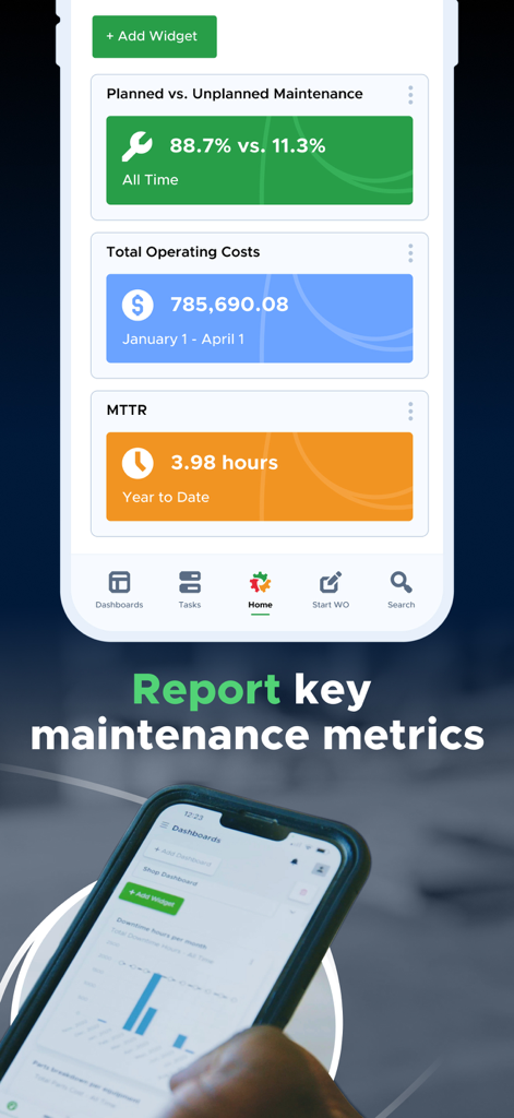 Uma interface móvel para o Limble CMMS mostrando métricas de manutenção como manutenção planejada versus não planejada, custos operacionais totais e MTTR.