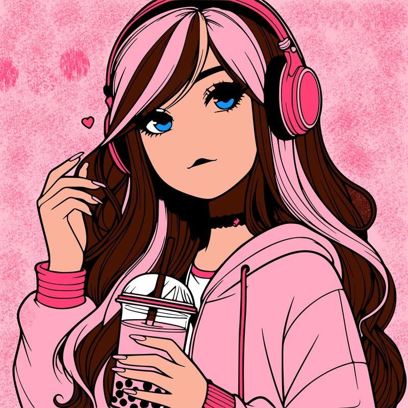realistic teen girl with long hair and a nose wearing headphones drinking boba tea