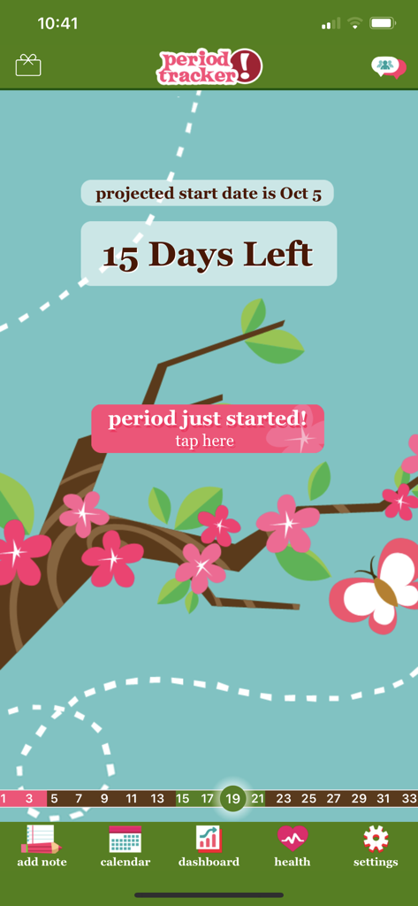 Pantalla principal de la aplicación Period Tracker que muestra una cuenta regresiva de 15 días para el próximo período con un fondo de ramas de árboles florales.