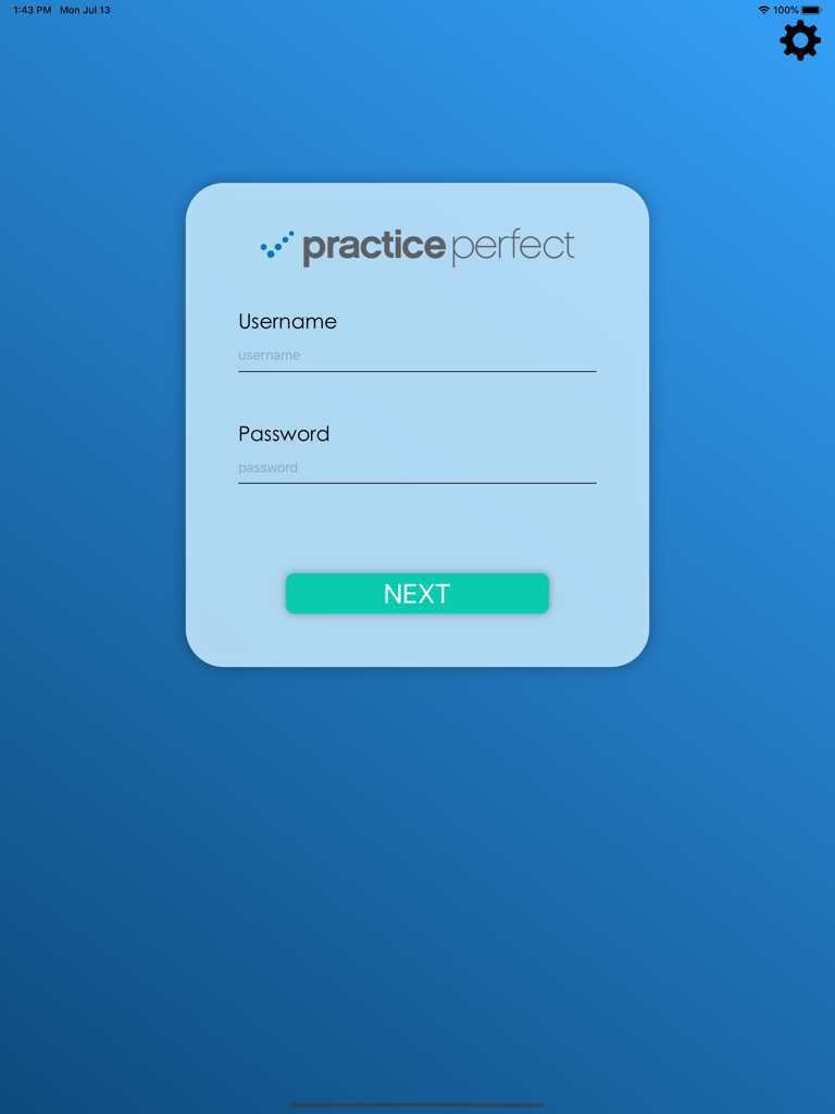 La pantalla de inicio de sesión de la aplicación Practice Perfect Check In en un iPad que muestra los campos de nombre de usuario y contraseña.