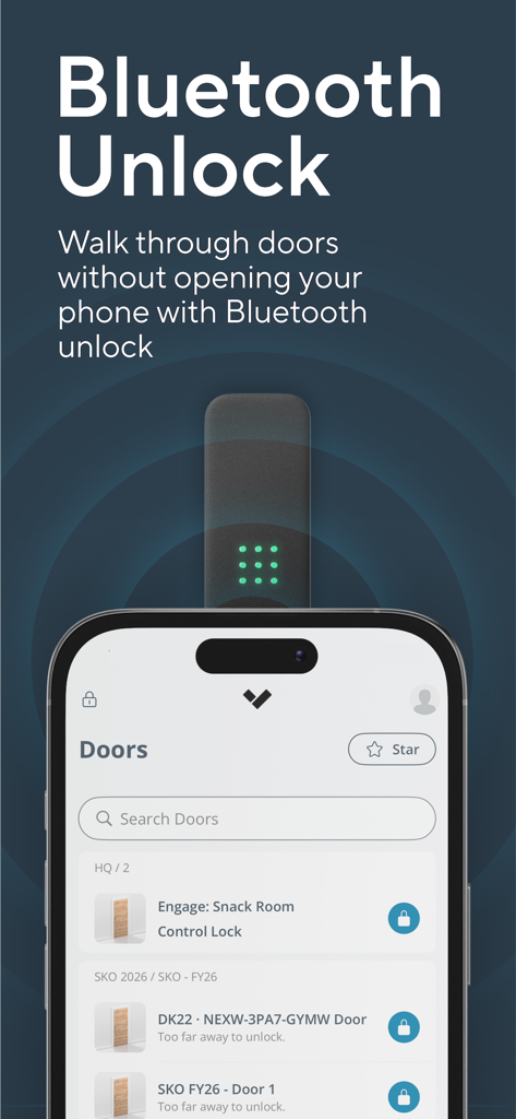 Verkada Pass app displaying Bluetooth unlock feature for building doors.