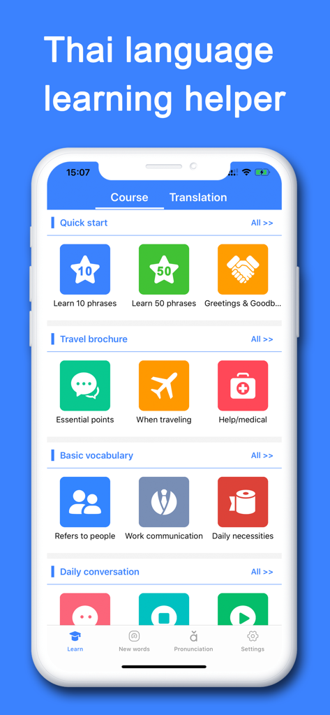 Interfaccia dell'app Thai Helper che mostra varie categorie di corsi di lingua come brochure di viaggio e vocabolario di base.