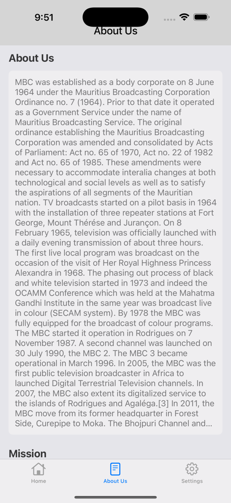 About Us screen of the MBC Play app showing the history of the Mauritius Broadcasting Corporation