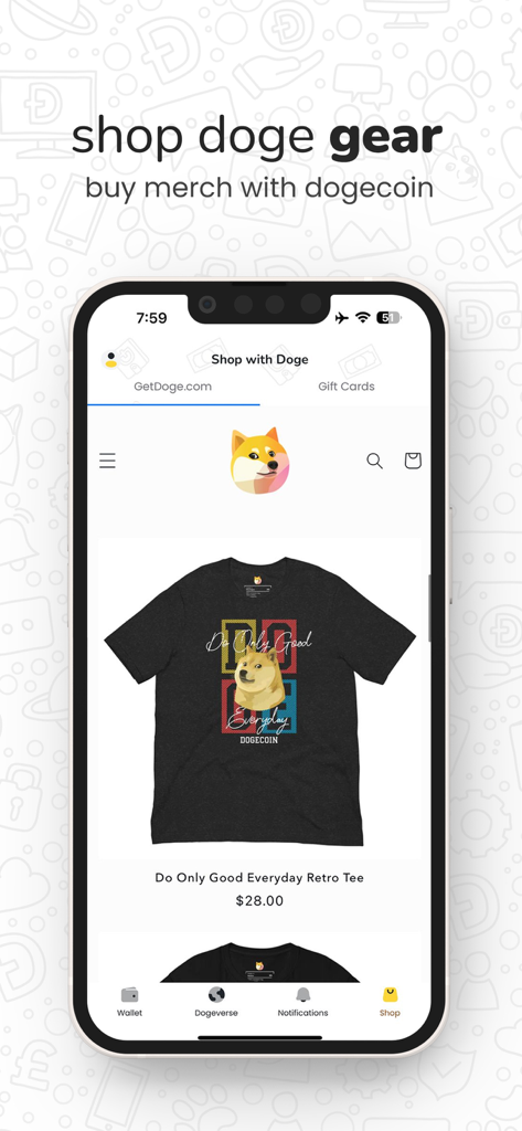 MyDoge Dogecoinウォレットアプリショップ、Dogeで購入できるTシャツなどの商品を表示