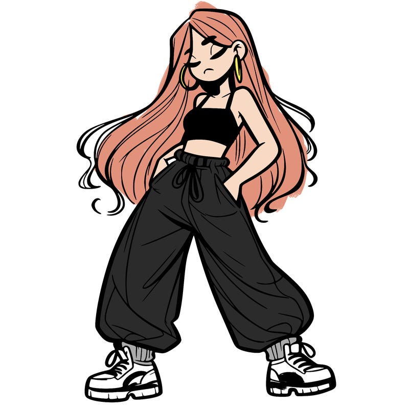 girl in baggy pants crop top and long hair