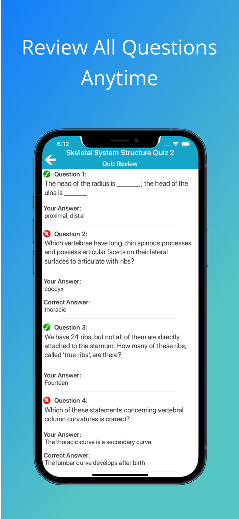 Skeletal System Quizzes - iPhone screen displaying a detailed quiz review for skeletal system anatomy questions