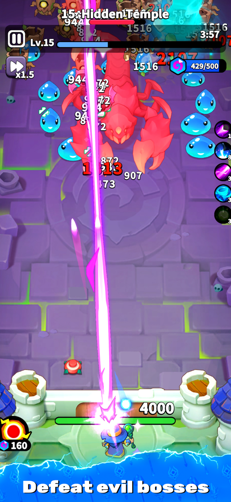 Archmagic Survivors TD - A wizard firing a magic beam at a giant red scorpion boss in Archmagic Survivors TD