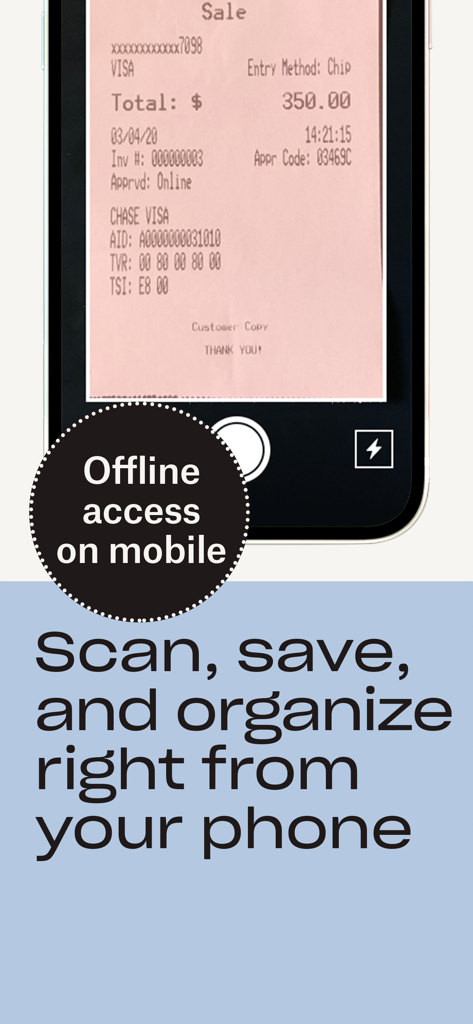 Dropbox EMM app screen showing a document scanner capturing a receipt with offline access functionality