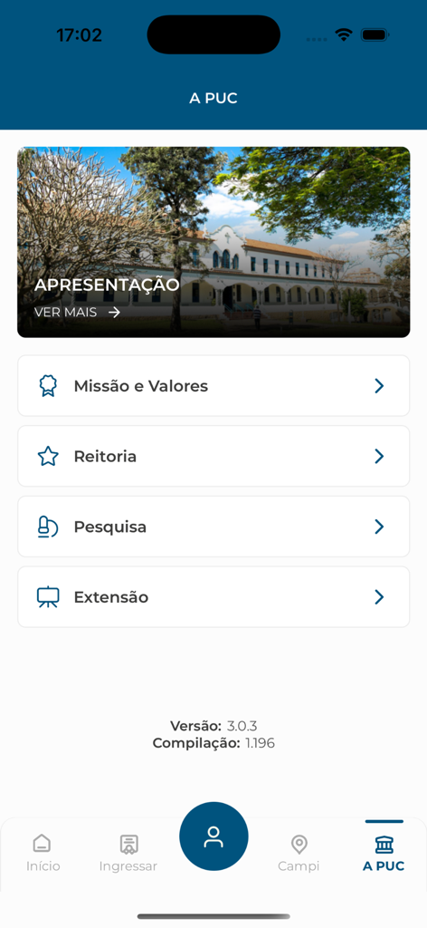 Pantalla de información institucional de la aplicación PUC Minas Móvil mostrando secciones de investigación de misión y extensión del campus