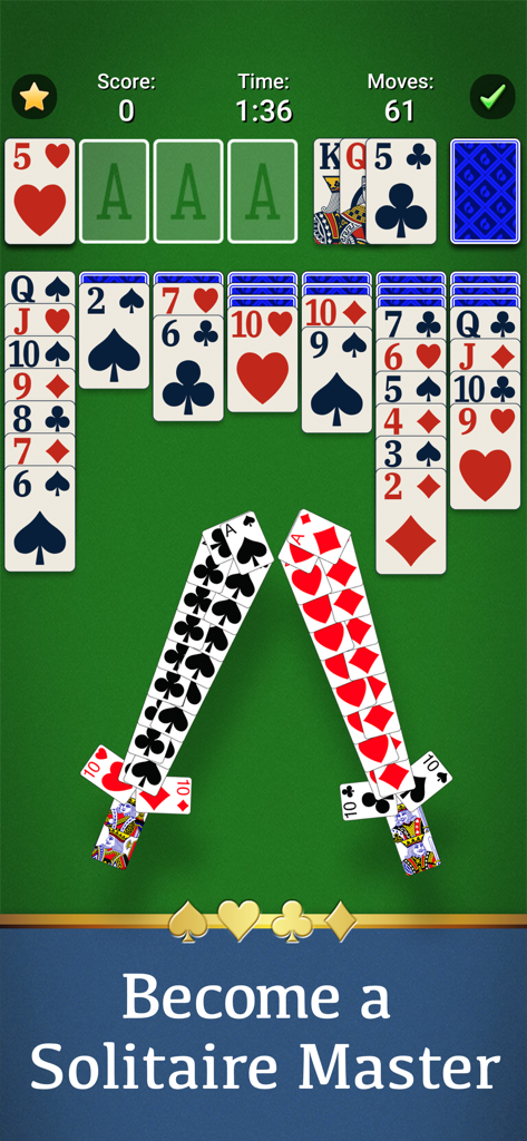 Solitaire - Pantalla del juego Solitaire de MobilityWare con el texto Conviértete en un Maestro del Solitario.