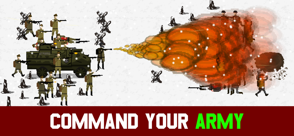 Escena de batalla de arte de píxeles de Trench Warfare 1917 que muestra soldados y un vehículo blindado con una gran explosión de lanzallamas