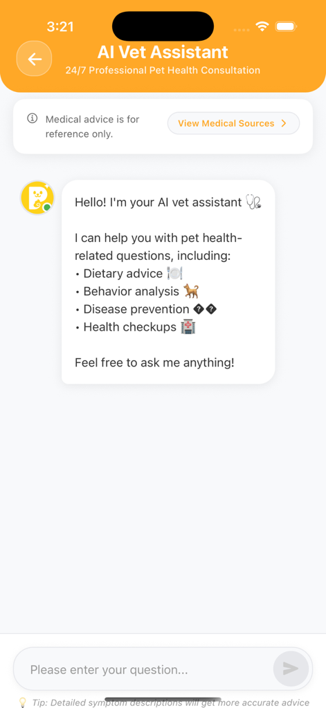 Petalife App Chat-Oberfläche mit einem KI-Tierarztassistenten, der Ernährungsberatung, Verhaltensanalyse und Gesundheitschecks anbietet