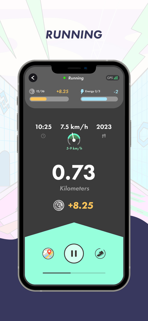 Affichage de l'application STEPN montrant la distance, la vitesse de course et les jetons gagnés