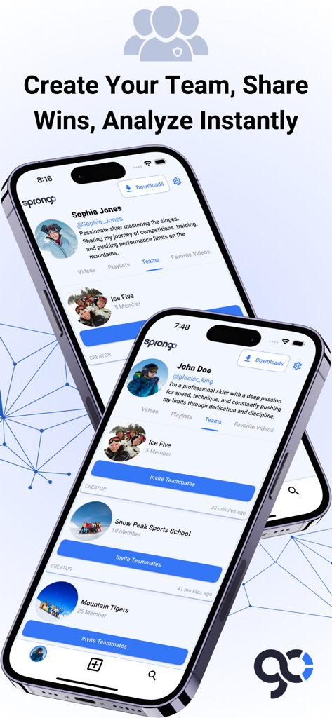 Sprongo - Sprongo app interface showing athlete profiles and sports team management tools