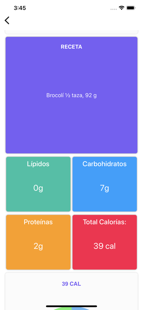Sistema Digital de Alimentos - ブロッコリーの栄養データには、タンパク質、炭水化物、脂質、合計カロリーがスペイン語で表示されています。