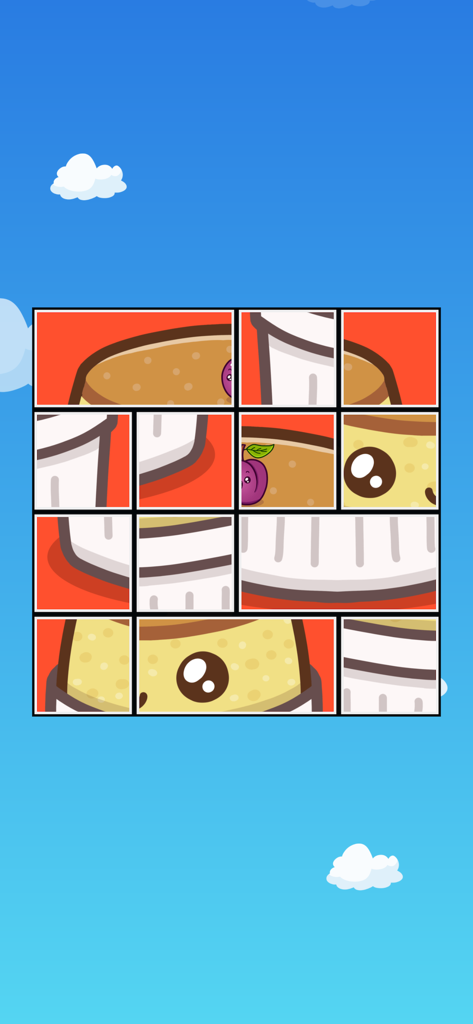 Food Sort - Puzzle Game - Jumbled food tiles forming a cartoon pudding character puzzle