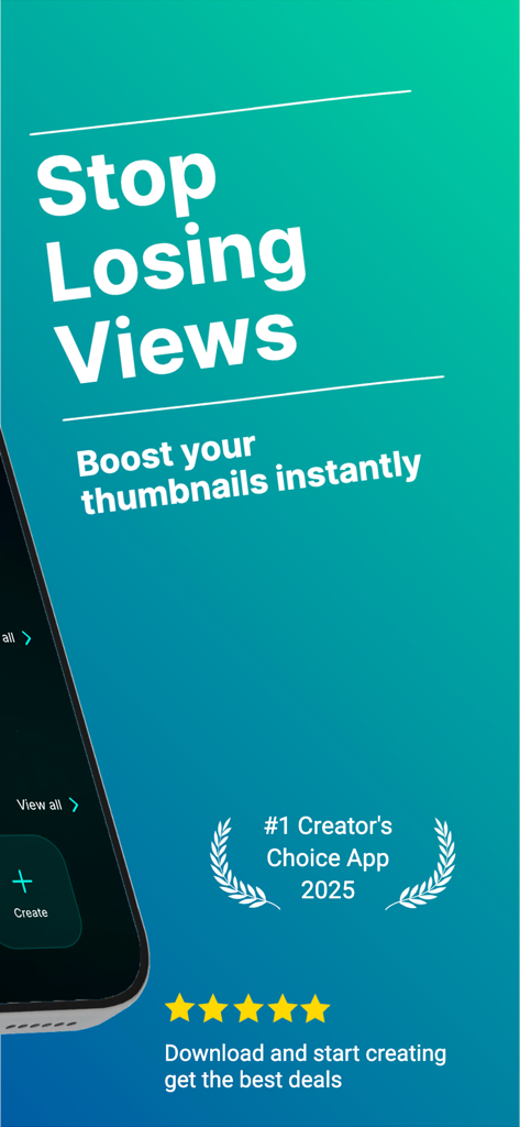Viralth : Ai Thumbnail Maker - Pantalla promocional de Viralth AI Thumbnail Maker con el texto Deja de Perder Vistas y Mejora tus miniaturas al instante con una calificación de cinco estrellas
