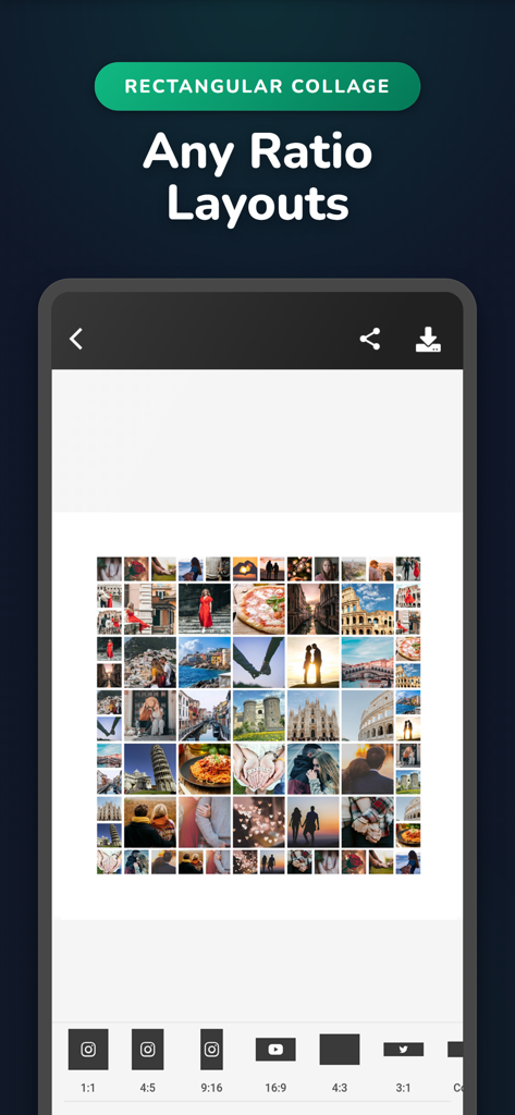 Phinsh Photo Collage Maker - Phinsh app interface showing a grid photo collage with various aspect ratio selection options.