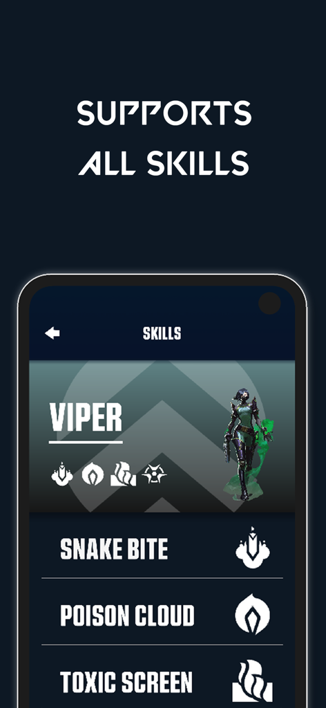 Mobile app interface displaying Viper agent skills including Snake Bite and Poison Cloud