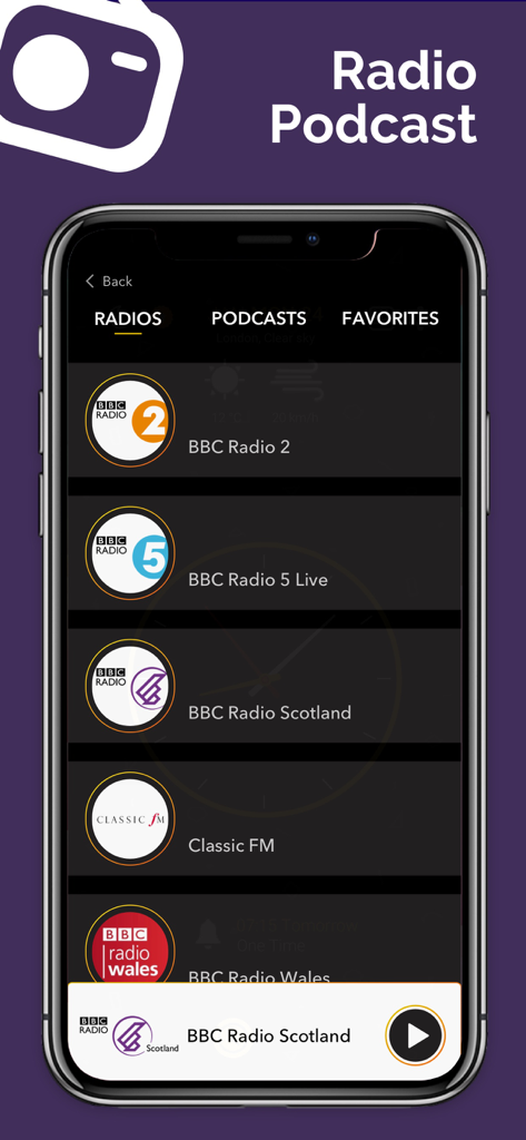 Alarm Clock Radio & Reminders - Interface do aplicativo Alarm Clock Radio mostrando uma lista de estações de rádio, incluindo BBC Radio e Classic FM