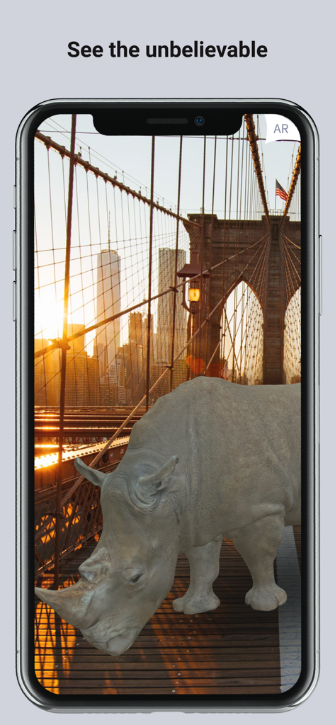 A 3D augmented reality rhino standing on the Brooklyn Bridge at sunset