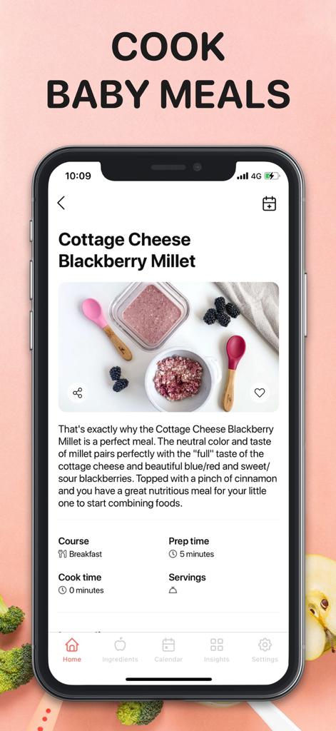 BLW Meals: Baby Led Weaning - BLW Meals app displaying a cottage cheese and blackberry millet recipe for babies