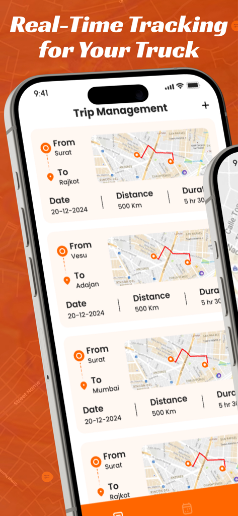 TruckMap : Truck GPS Routes - Trip management screen in TruckMap app showing logged truck routes and distances