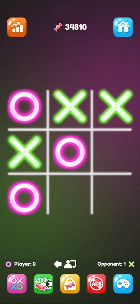 Tic Tac Toe: XOXO - Tic Tac Toe game interface featuring neon pink circles and green crosses on a dark grid with candy rewards