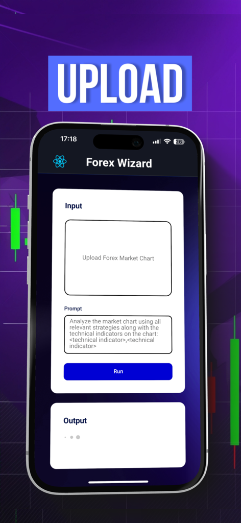 Forex Wizard - Forex Wizard app interface on a smartphone showing the upload section for market chart AI analysis.