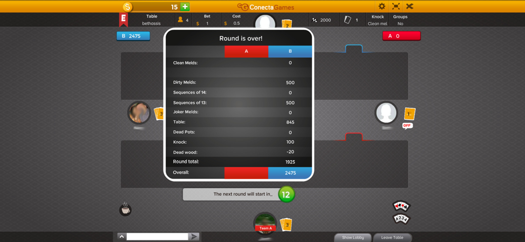 Buraco Fechado - Buraco Fechado game round results and scoring table