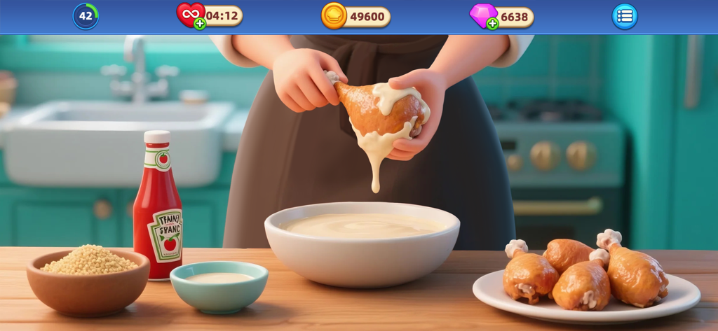 A chef dipping a fried chicken drumstick into a bowl of creamy white sauce in a colorful game kitchen.