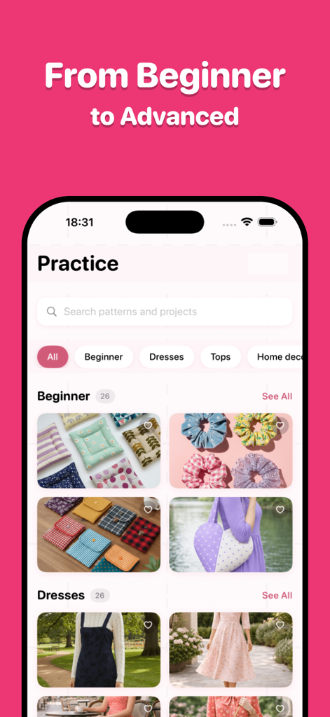 Sewie: Sewing Patterns- Stitch - Tela de prática de costura do aplicativo Sewie exibindo projetos para iniciantes e avançados, incluindo vestidos e acessórios.