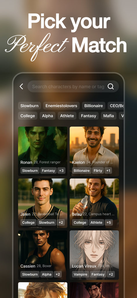 dotdotdot Fantasy AI Boyfriend - A character selection screen for dotdotdot Fantasy AI Boyfriend app featuring various male romantic archetypes like billionaire and boxer.