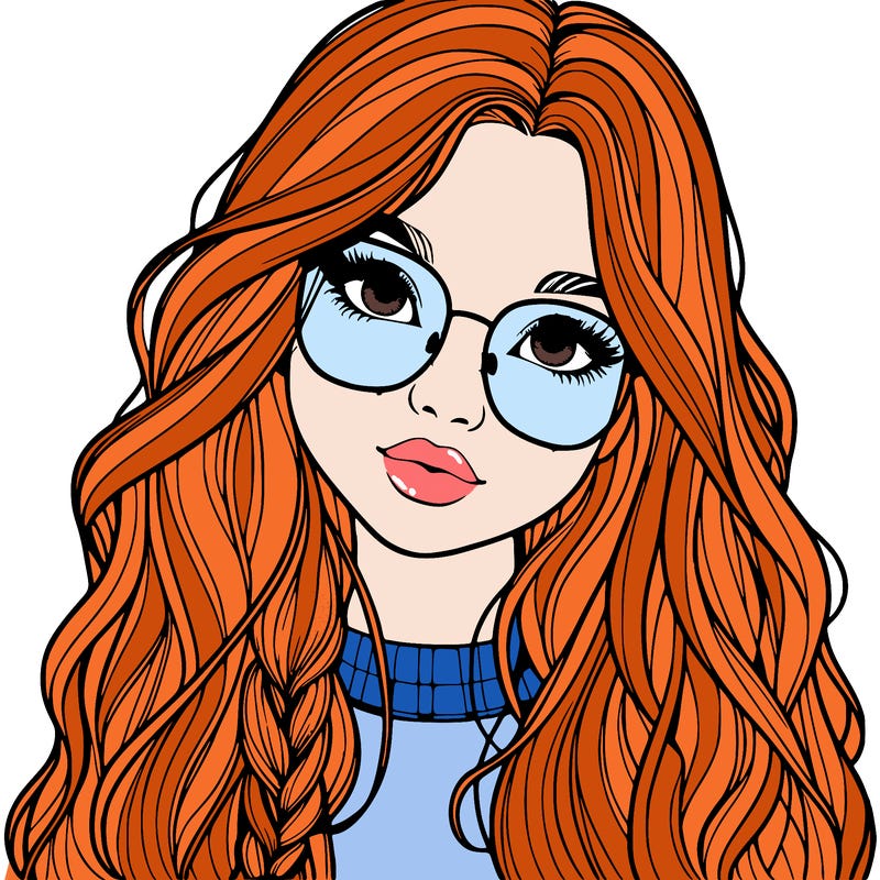 girl with long hair and freckles and glasses realistic