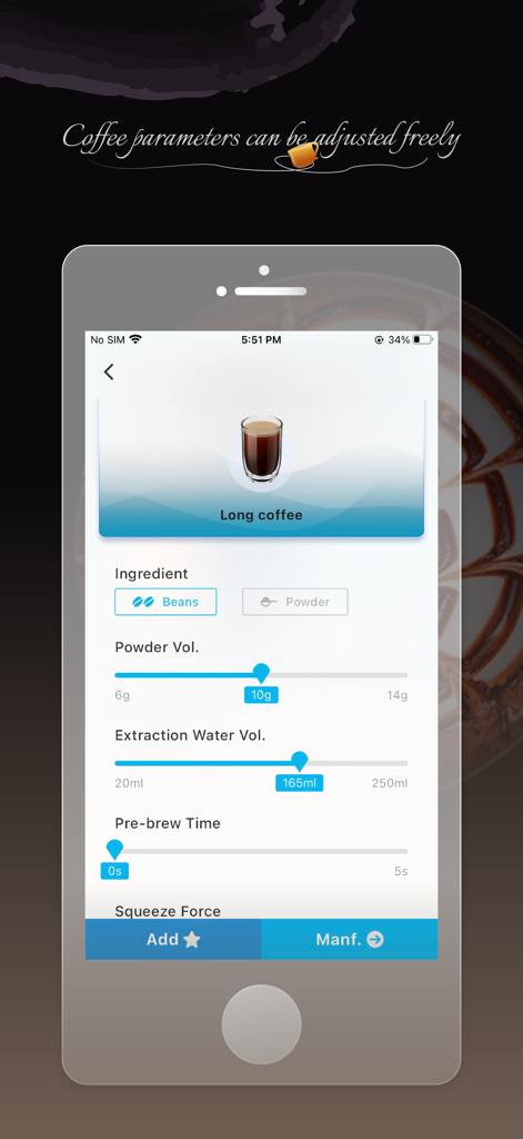 Interface of the Jetinno Coffee app showing adjustable settings for powder volume and extraction water volume