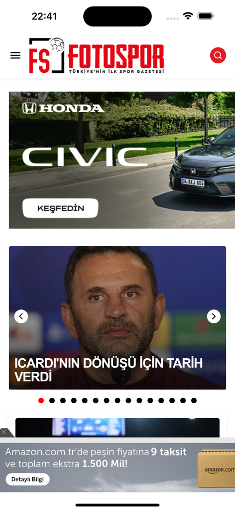 Interfaz de la aplicación móvil Fotospor mostrando titulares de noticias de fútbol turco y anuncios deportivos