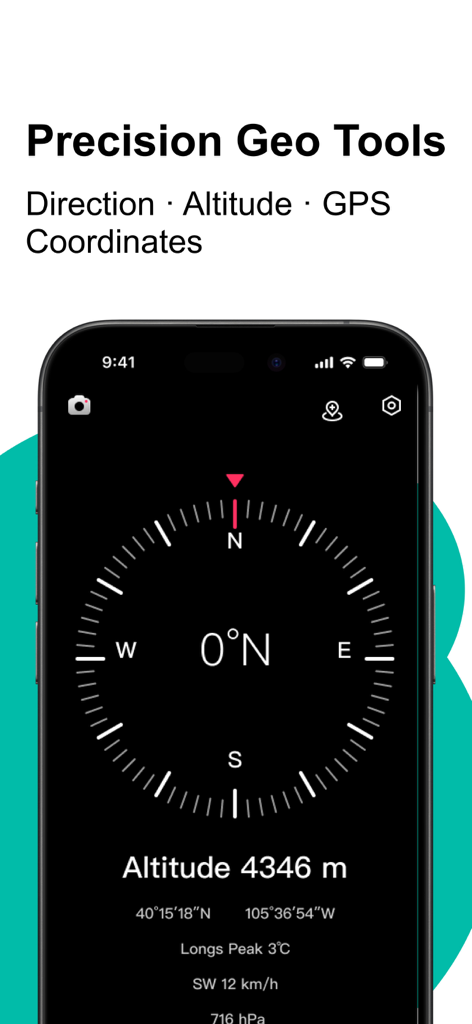 Compass360X-GPS Speedometer - Compass360X mobile app interface displaying a digital compass, altitude of 4346 meters, and GPS coordinates for precision navigation.