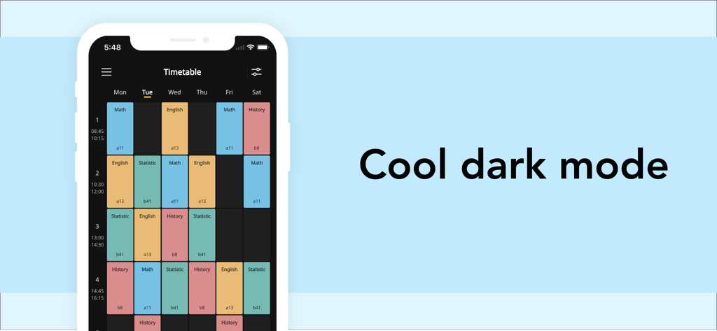 Simple Timetable・Simple & Cool - Una interfaz de horario semanal minimalista para estudiantes con un diseño de modo oscuro con bloques de clases codificados por colores