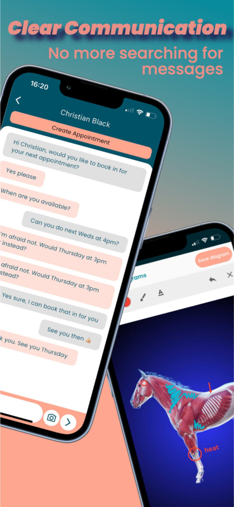 Equigate - Equigate app messaging screen and anatomical horse diagram for animal health management