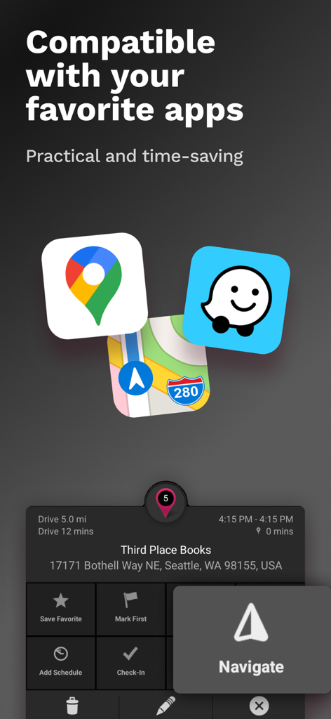 RoadWarriorアプリは、ルートナビゲーションのためにGoogleマップ、Appleマップ、Wazeとの互換性を示しています。
