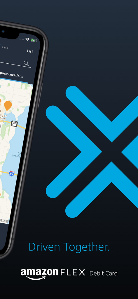 Amazon Flex Debit Card app interface showing a map for deposit locations and the brand slogan Driven Together