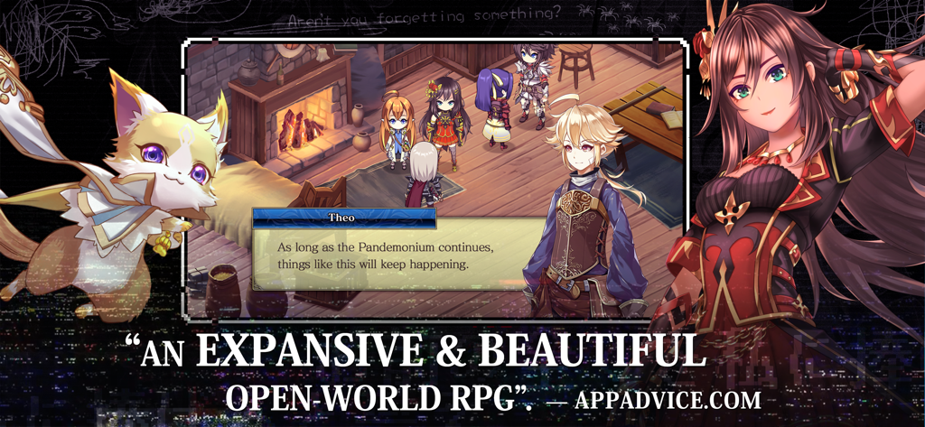 Evertale - Captura de pantalla de RPG móvil Evertale con personajes de anime y un cuadro de diálogo en una escena de historia.