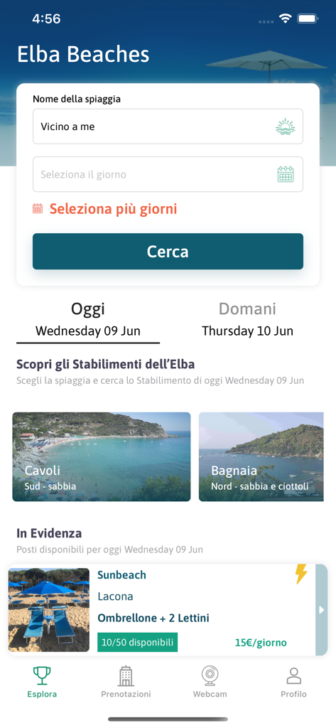 Elba Beaches - Interfaccia dell'app mobile Spiagge dell'Elba che mostra le opzioni di ricerca delle spiagge e di prenotazione degli ombrelloni con località in evidenza come Cavoli e Lacona.
