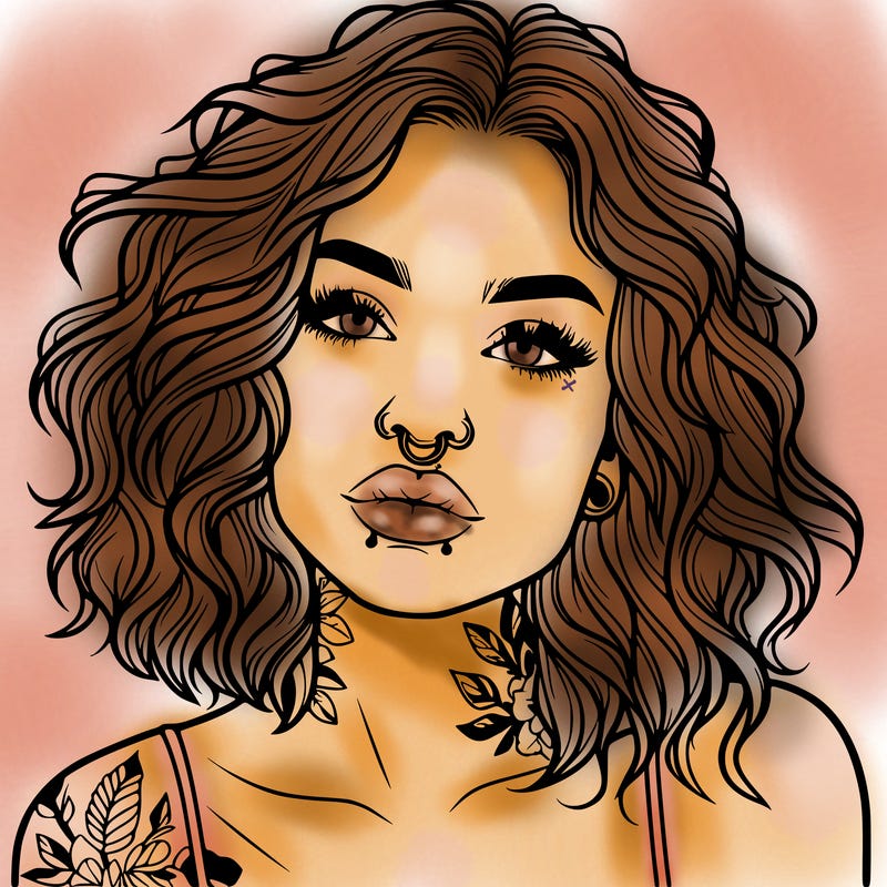 realistic woman with septum piercing and wavy hair and tattoos