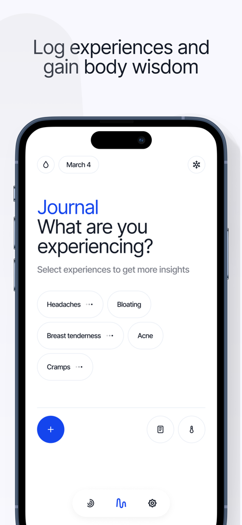 Embody Space - Screenshot of the Embody Space app journal screen where users can log menstrual symptoms like headaches, bloating, and cramps.